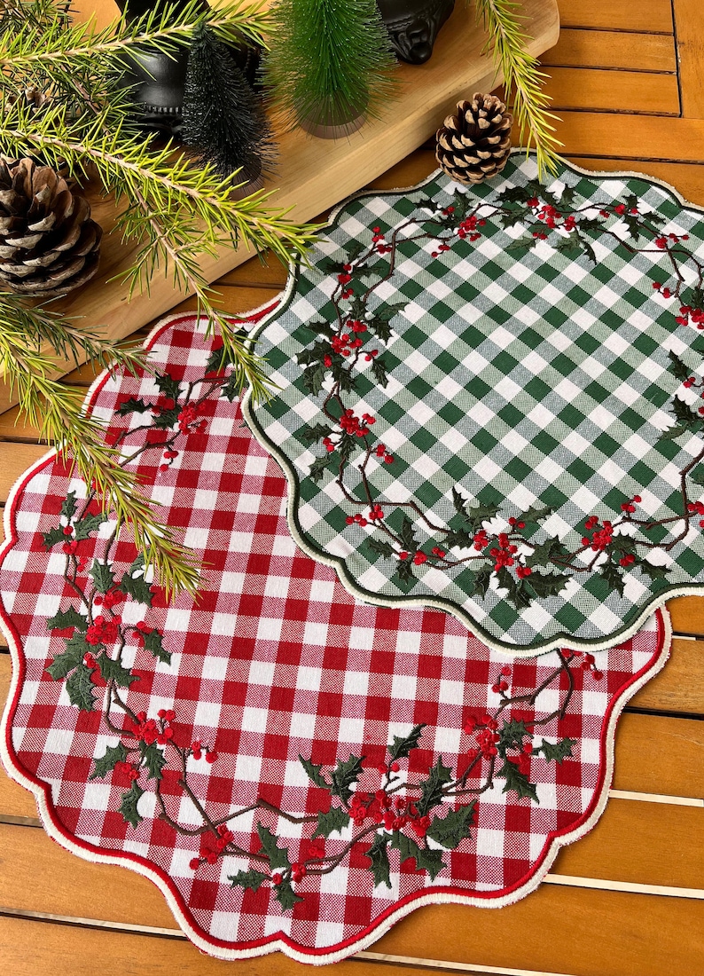 Holly Christmas Placemat Table Decor, Scalloped Edge Mat, Embroidered image 7