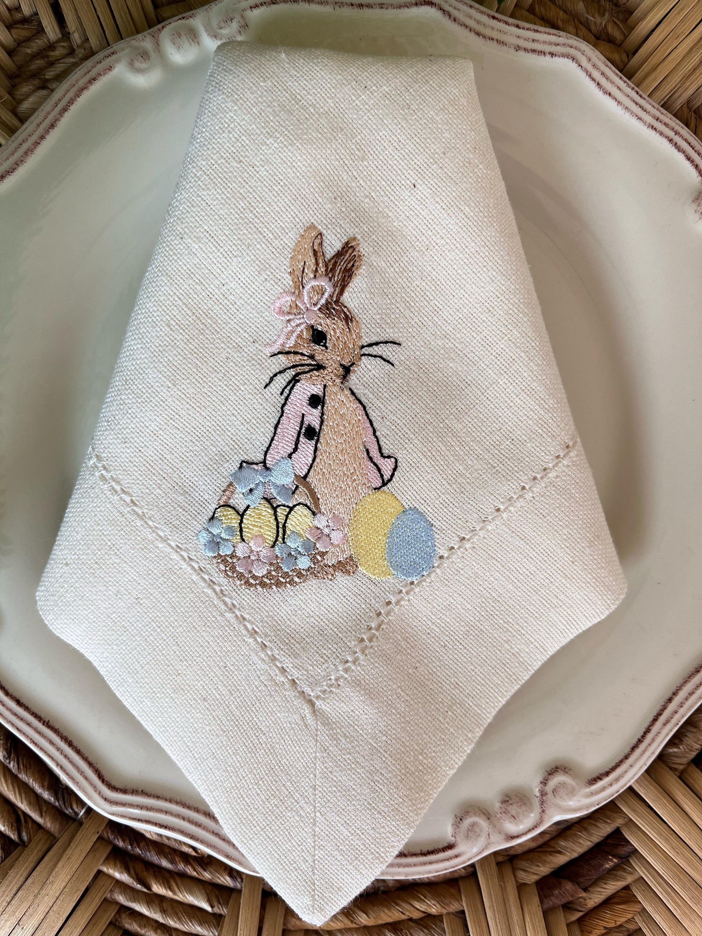 Peter Rabbit Easter Napkins - Embroidered linen napkins -Easter Tablescape- Easter gift - Hostess gift-