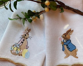 Peter Rabbit Easter Napkins - Embroidered linen napkins -Easter Tablescape- Easter gift - Hostess gift-