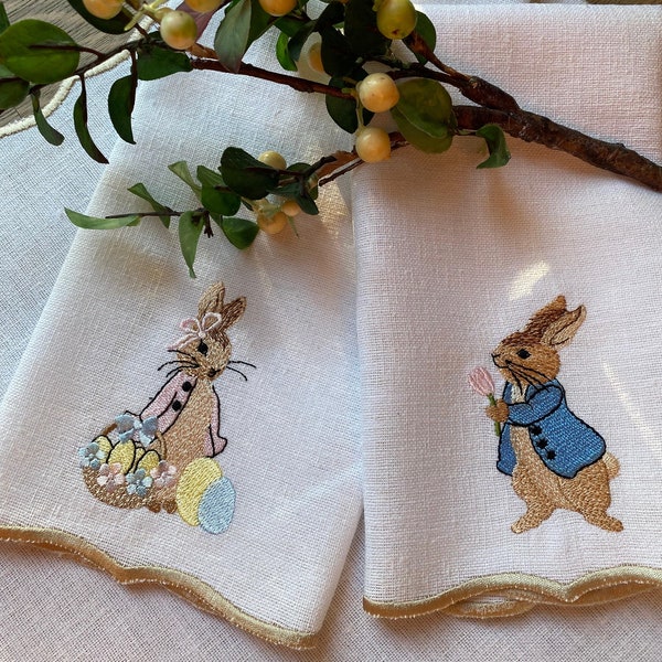 Peter Rabbit Easter Napkins - Embroidered linen napkins -Easter Tablescape- Easter gift - Hostess gift-