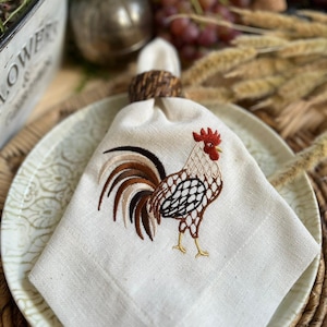 Embroidered linen napkins - Embroidered Rooster  - Thanksgiving Napkins - Rustic - Housewarming - Dinner Linen Napkins - Farmhouse table