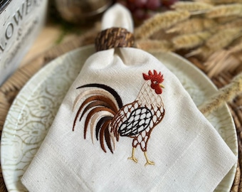 Embroidered linen napkins - Embroidered Rooster  - Thanksgiving Napkins - Rustic - Housewarming - Dinner Linen Napkins - Farmhouse table