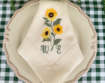 Sunflower Embroidered Linen Napkins | Personalized Rustic Dinner Napkins | Farmhouse Table Decor | Wedding  and Housewarming Gift | Handmade