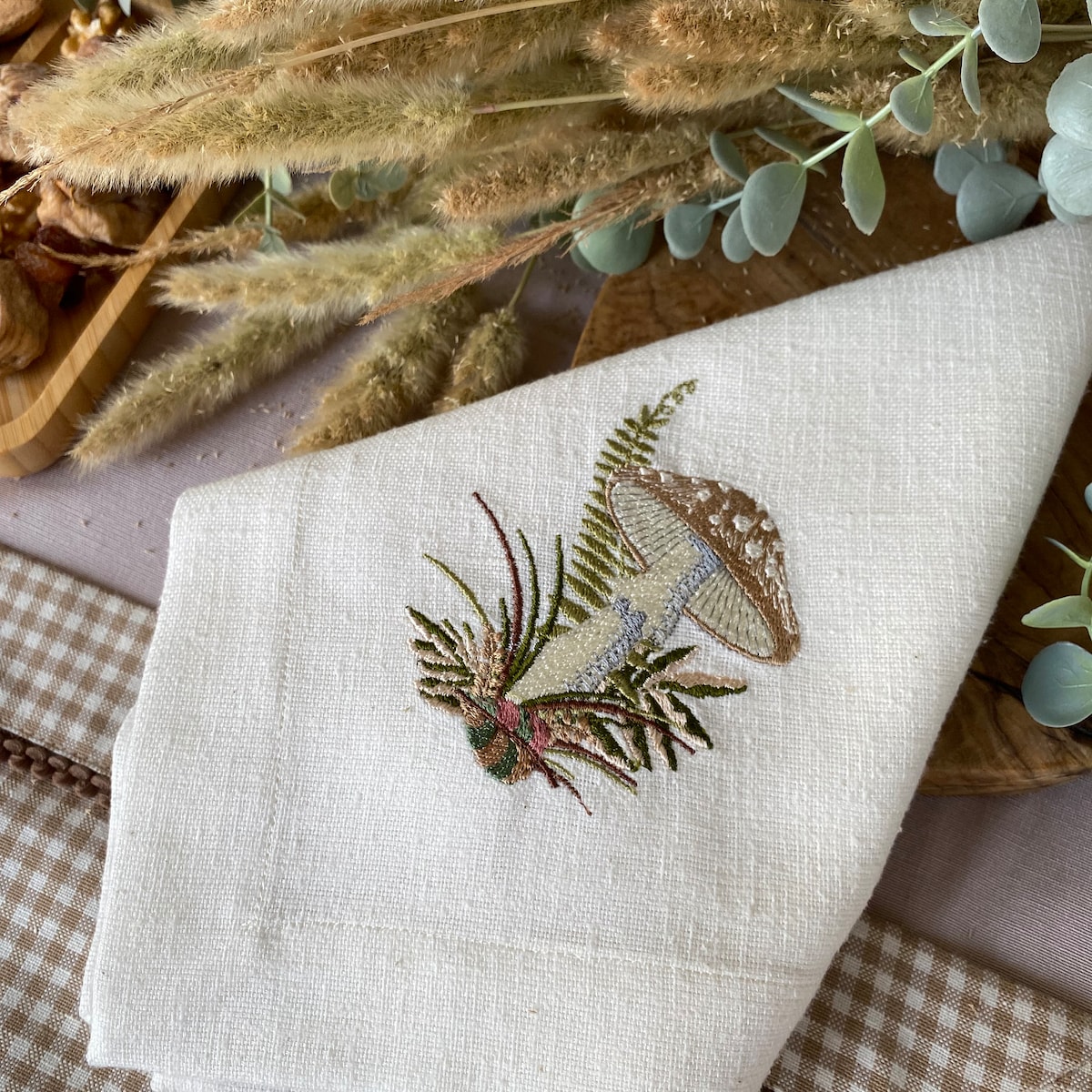 Mushroom Embroidered Linen Napkins | Set of 8 | Ivory