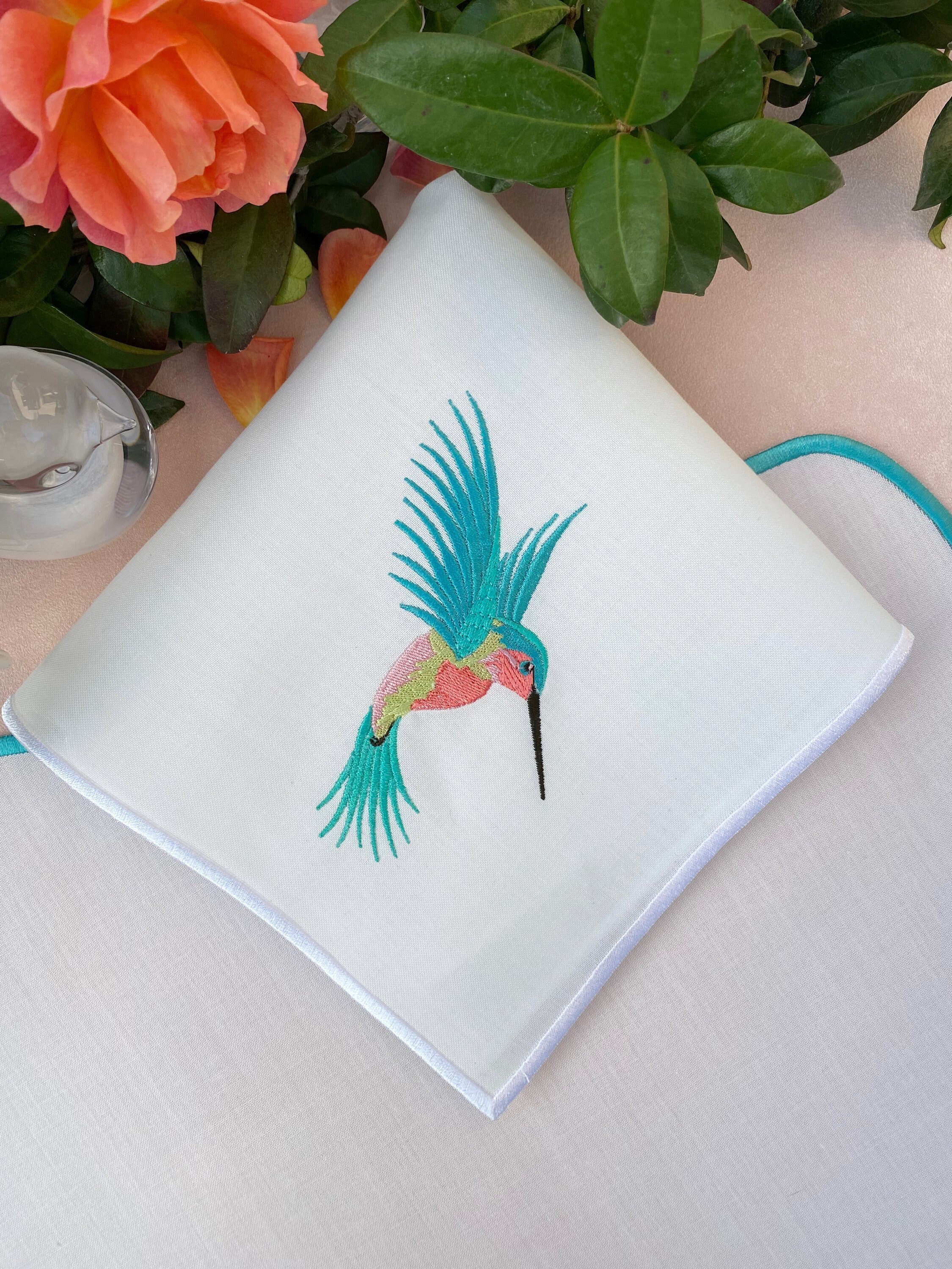 Stunning Hummingbird Embroidered Linen Napkins& Placemat, Linen Napkins ...