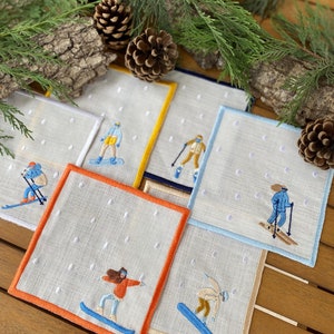 Embroidered Skier Cocktail Napkins - Perfect Hostess or Housewarming Gift for Ski Lovers! Winter Theme, Ideal for Christmas or Winter Partie