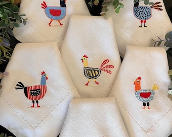 Embroidered Chicken Cotton  Napkins | Boho Chicken | Table linen Sets | Farmhouse decor | Party Napkins | Dinner Napkins