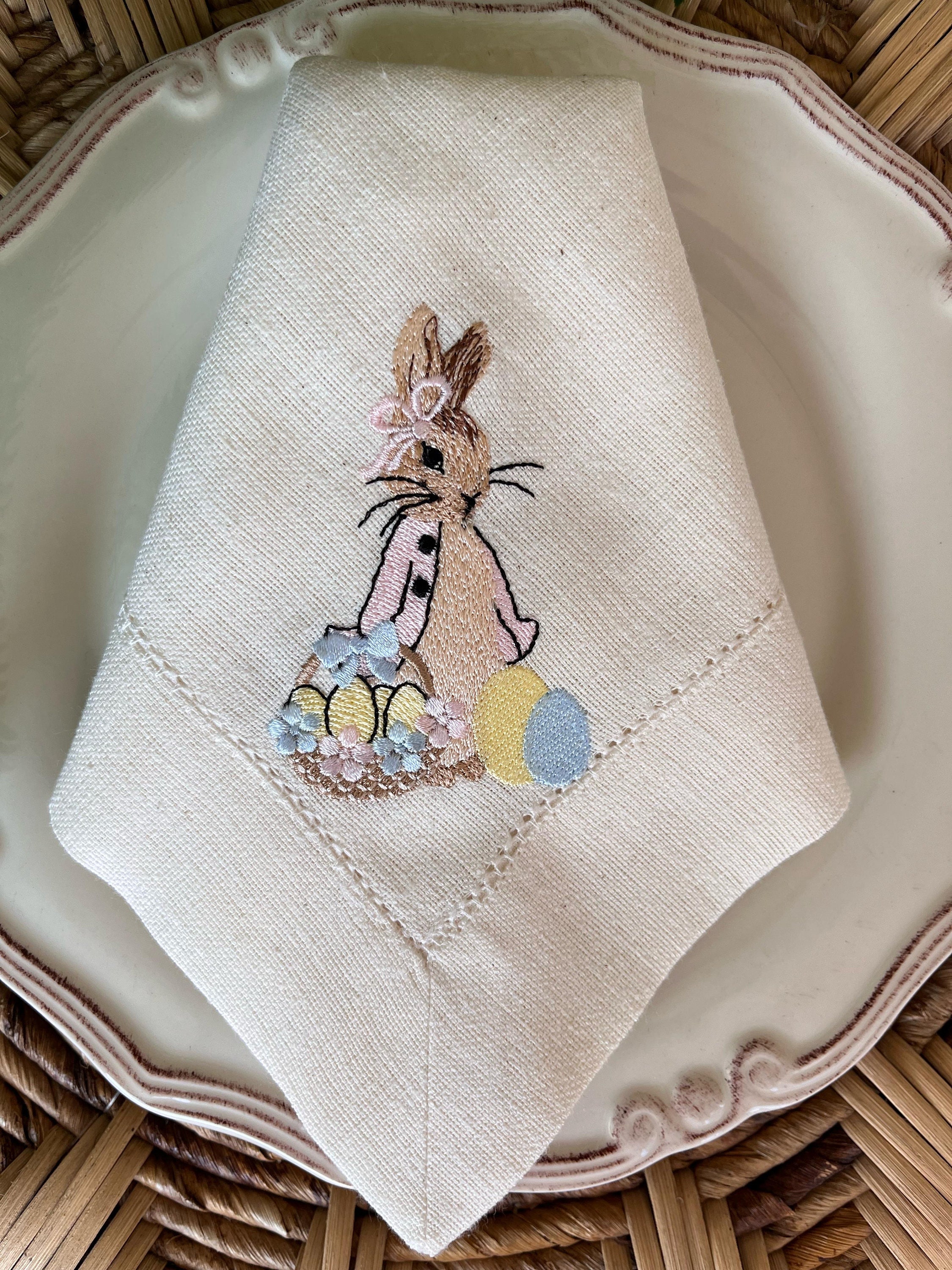 Peter Rabbit Easter Napkins - Embroidered linen napkins -Easter Tablescape- Easter gift - Hostess gift-