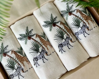Embroidered Linen Safari Napkins – Tropical Animal Dinner Decor