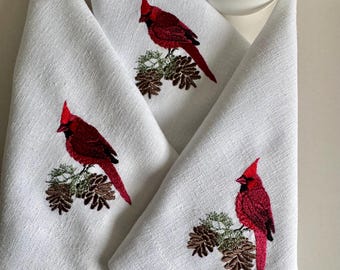 Red Cardinal Embroidered Linen Napkins - Christmas Dinner Napkins - Holiday Table Decor