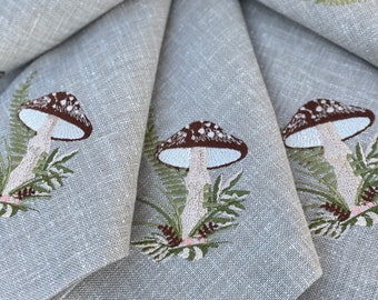 Mushroom Embroidered  linen napkins | party napkins | table decor | housewarming