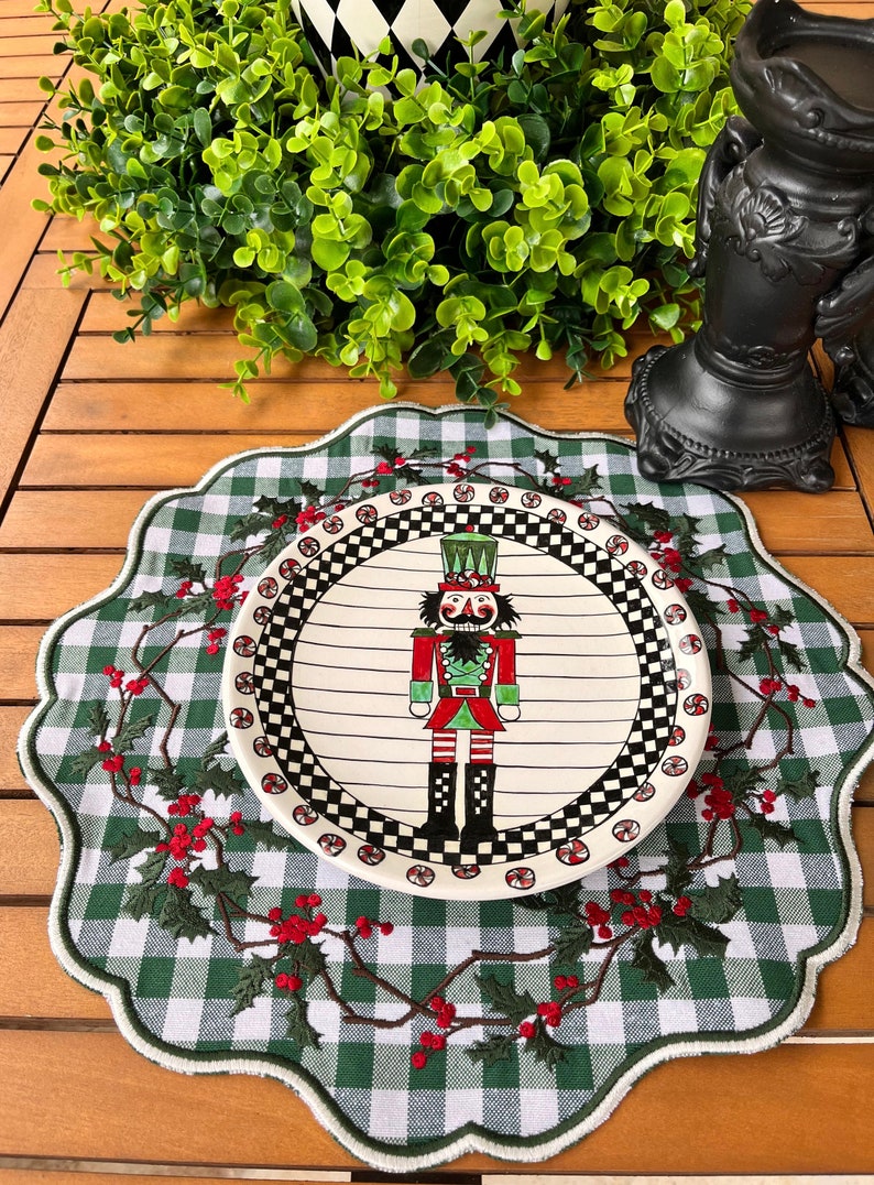 Holly Christmas Placemat Table Decor, Scalloped Edge Mat, Embroidered image 9