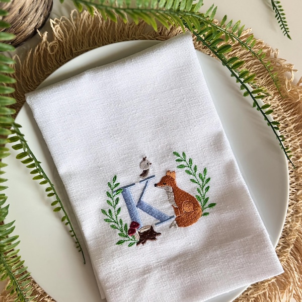 Embroidered Linen Napkins – Woodland Fox Monogram Baby Shower Decor