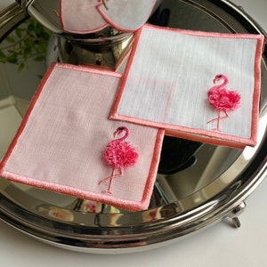 Flamingo Embroiedered  Cocktail Napkin | Flamingo Mug Rug | Housewarming | Bridal Party Cocktail  Napkins | Party Napkins |