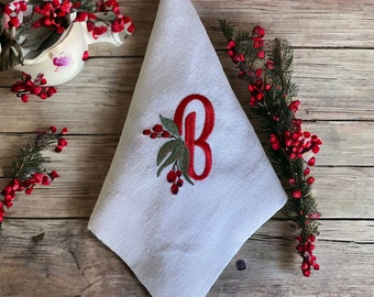 Stylish Christmas Monogrammed Napkins - Red Holly Berries - Embroidered Initial - Unique Hostess Gift - Housewarming -Custom Linen Napkins