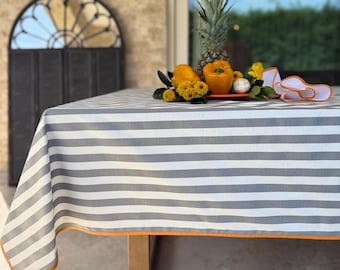 Striped Tablecloth | Custom Size Table Cover | Black, Navy Blue, Grey | Classic or Piped Edge | Modern Striped Decor