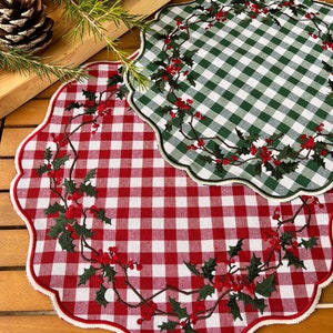 Holly Christmas Placemat Table Decor, Scalloped Edge Mat, Embroidered image 5