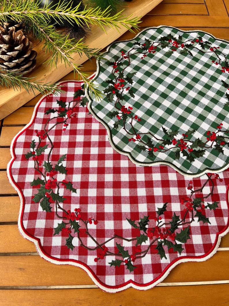 Holly Christmas Placemat Table Decor, Scalloped Edge Mat, Embroidered image 5