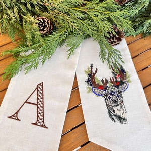 Christmas Linen Wreath Sash Embroidered with Monogram&Reindeer-Wreath Bow-Monogram Front Door- Housewarming Gift-Christmas Decor