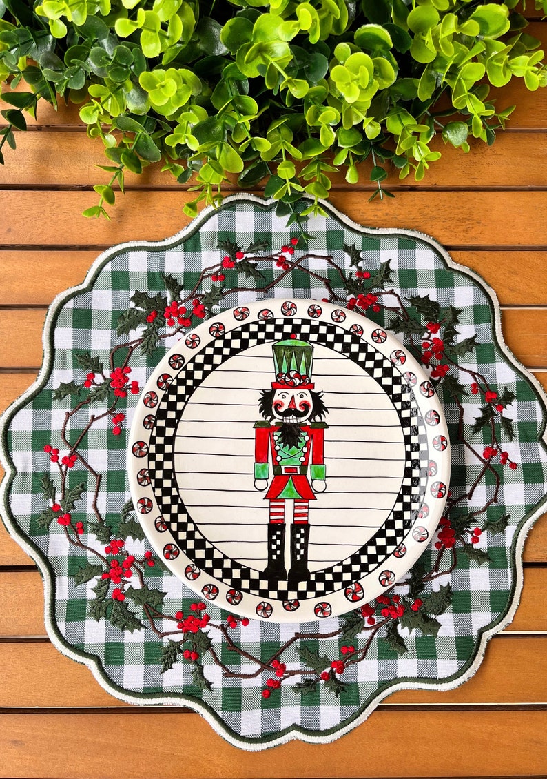 Holly Christmas Placemat Table Decor, Scalloped Edge Mat, Embroidered image 4