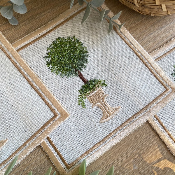 Realistic Winter Topiary Embroidered Linen Cocktail Napkins - Rustic Chic Housewarming or Wedding Gift