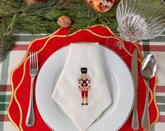 Decoración de mesa de placemat de Navidad roja, tapete de borde festoneado dorado, tapete bordado, cena de Navidad, regalo para ella, regalo de anfitriona