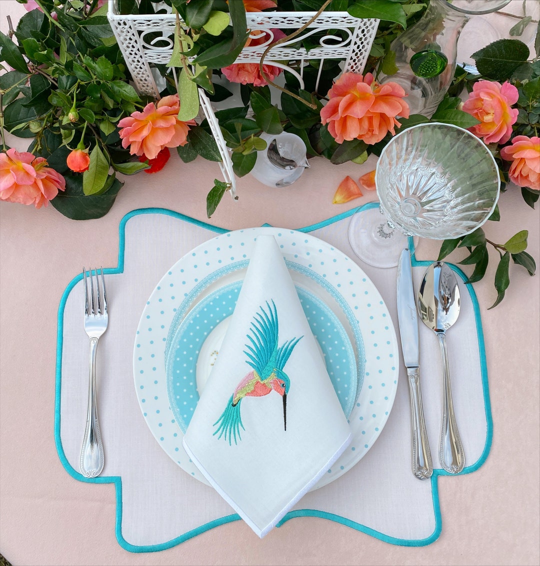 Stunning Hummingbird Embroidered Linen Napkins& Placemat, Linen Napkins ...