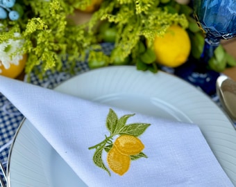Lemon Embroidered Linen Napkin , Summer Tablescape Decor, Mediterranean Dining Style, Citrus Wedding Gift, Linen Table Setting