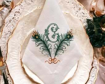 Costum Wedding Napkins with Peacock Feather Embroidery - Stylish Luxury for Elegant Table Settings - Unique Housewarming- Hostess Gift