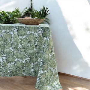 Tropical Palm Leaf Tablecloth and Embroidered Napkin Set - Jungle Party Table Decor, Summer Outdoor Dining, Coastal Green Table Linen