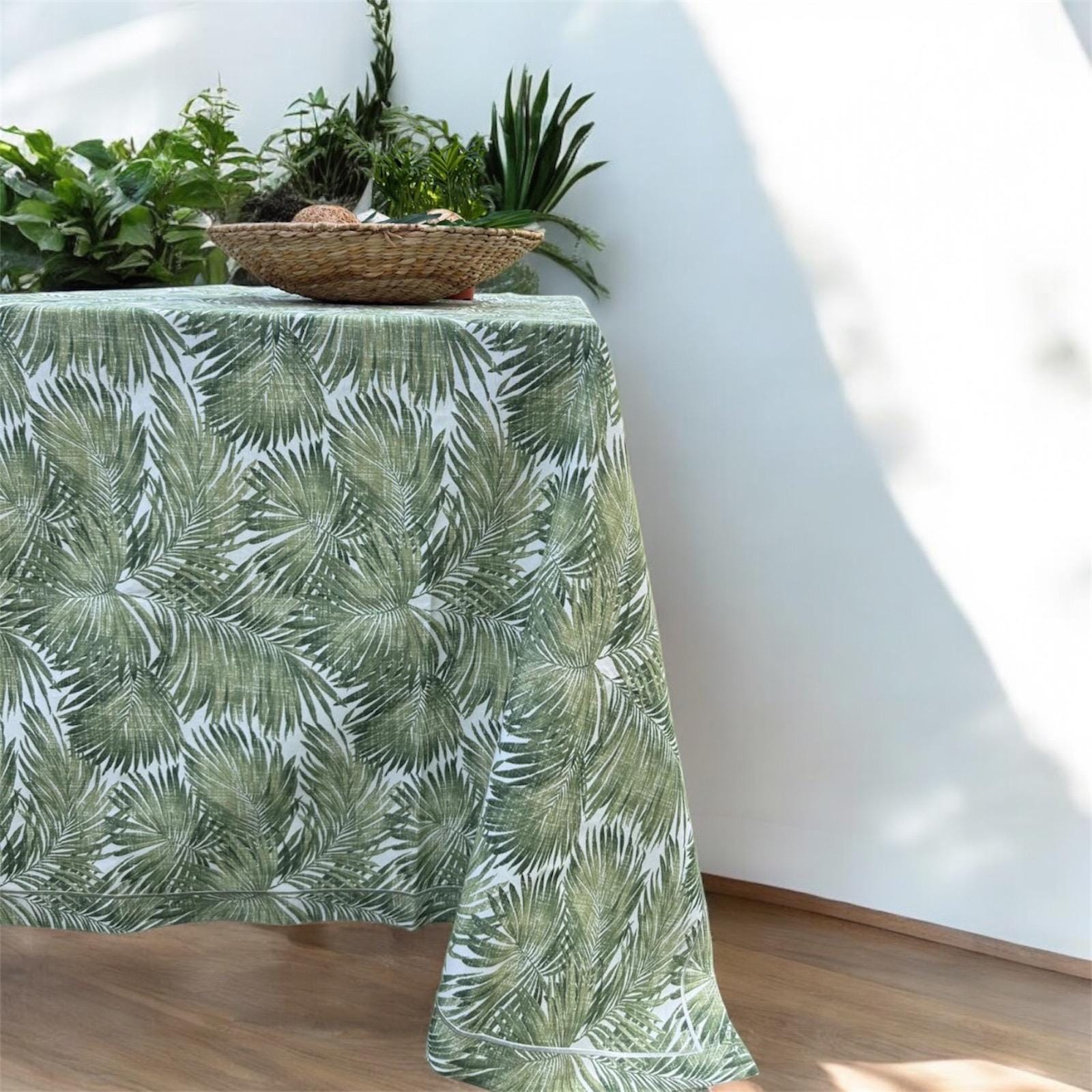 Tropical Palm Leaf Tablecloth and Embroidered Napkin Set - Jungle Party Table Decor, Summer Outdoor Dining, Coastal Green Table Linen