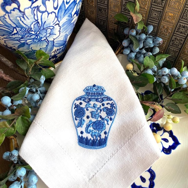 Stylish Chinoiserie Pot embroidered  Linen Napkin Set - Unique Housewarming - Thanksgiving Dinner Decor