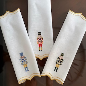 Nutcracker Embroidered Christmas Napkins, Scalloped Edge Holiday Dinner Napkins, Elegant Christmas Table Decor