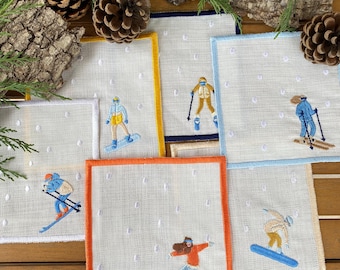 Skier Embroidered Napkin Set | Cocktail  Napkins | Party Napkins | Winter theme cocktail napkins