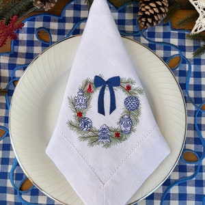 Exquisite Chinoiserie Christmas Wreath Linen Napkin Christmas Holiday Decor-Embroidered Cloth Dinner napkin-Hostess gift Unique image 5