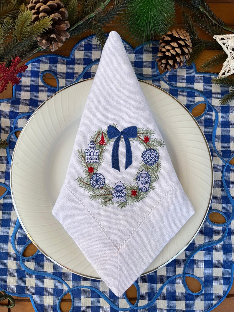 Exquisite Chinoiserie Christmas Wreath Linen Napkin Christmas Holiday Decor-Embroidered Cloth Dinner napkin-Hostess gift Unique image 5