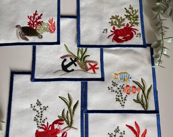 Coastal Embroidered Cocktail Napkins - Ideal for Housewarming, Hostess Gifts, and Under the Sea Party Decor!
