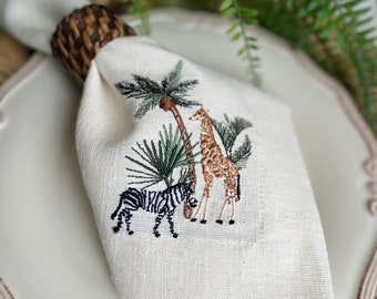 Safari Embroidered Linen Napkins - Luxury Party Décor, Dinner & Birthday Napkins, Hostess Gift, Housewarming - Safari Theme Décor