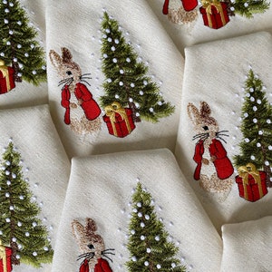 Tovaglioli di Natale Peter Rabbit - Tovaglioli di lino ricamati - Tavola di Natale - Regalo di Natale - Regalo per l'ospite -