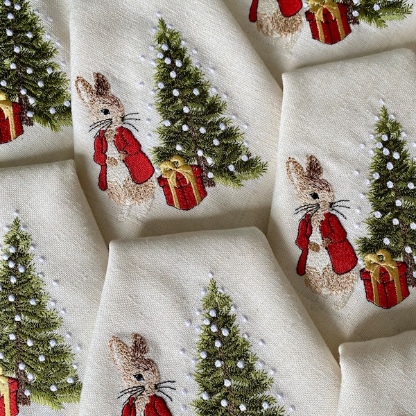 Peter Rabbit Christmas Napkins - Embroidered linen napkins -Christmas Tablescape- Christmas gift - Hostess gift-