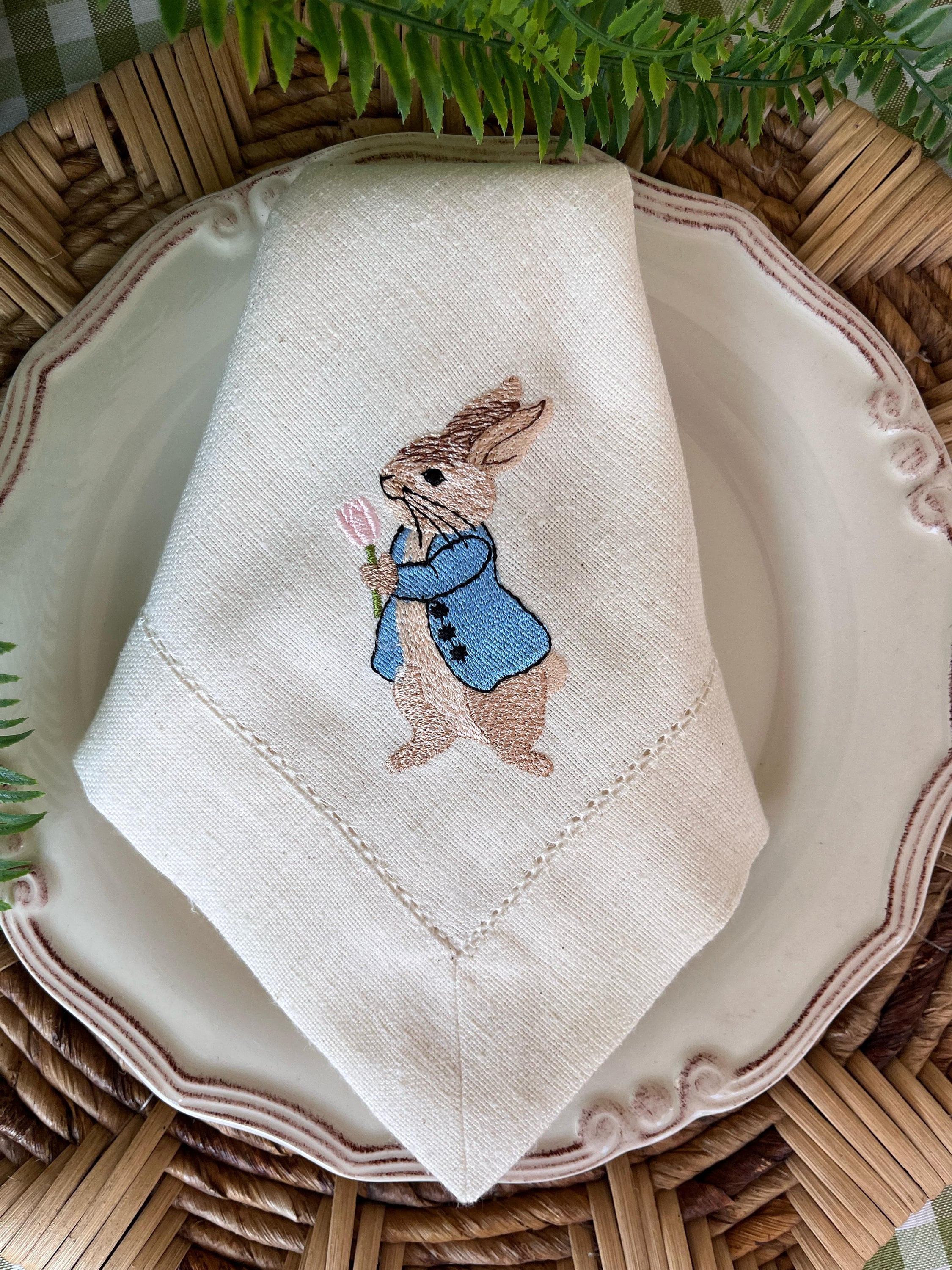 Peter Rabbit Easter Napkins - Embroidered linen napkins -Easter Tablescape- Easter gift - Hostess gift-