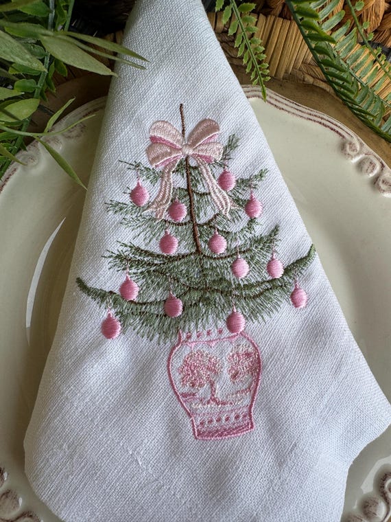 Embroidered Linen Napkins – Christmas Tree in Pink Chinoiserie Vase, 18”x18” Dinner Napkin, Pink Bow Holiday Table Decor