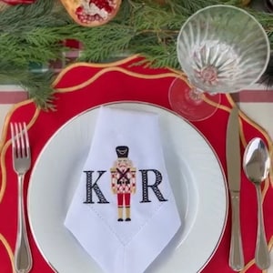 Embroidered Christmas Linen Napkins -Nutcracker and monogrammed  - Perfect Housewarming & Christmas Gift for Festive Dinner Decor - hostess