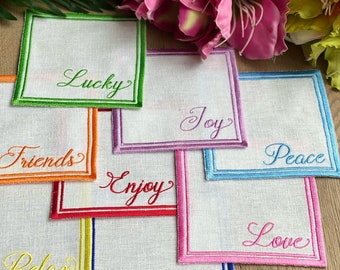 Embroidered Quotes  Napkin Set | Cocktail  Napkins | Party Napkins | Joy | Smile | Love | Peace | Relax | Lucky | Friends | Dream