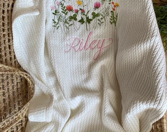 Wildflowers in Bloom: Personalized Embroidered Baby Blanket - Custom Nursery Decor for Your Baby in Bloom