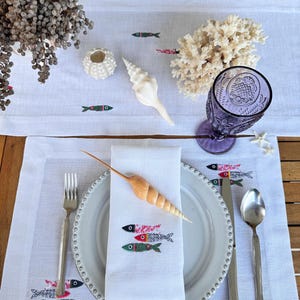 Fish Embroidered Linen Table Setting - Table Runner, 4 Placemats, and  4 Linen Napkins Set