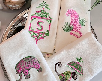 Pink Chinoiserie Embroidered Turkish Towel Set - Luxurious Handcrafted Fingertip Towels, Personalized Elegant Home Decor (Set of 4)