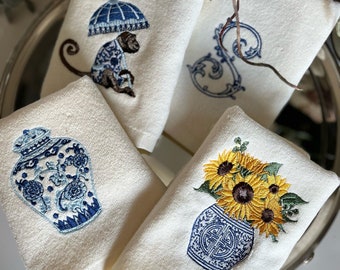 Chinoiserie Embroidered Turkish Fingertip Towel Set of 4 - Personalized Unique Gift for Powder Room - Guest Towel- Powder Room Decor