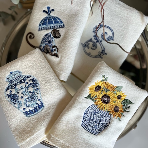 Chinoiserie geborduurde Turkse vingertophanddoekenset van 4 - Gepersonaliseerd uniek cadeau voor damestoilet - Gastendoek - Damestoilet