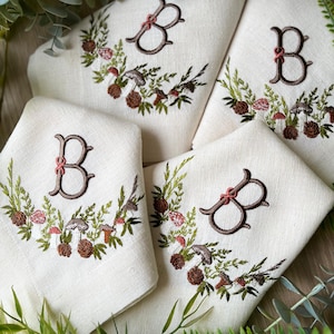 Embroidered Mushroom& interlocking monogrammed linen napkins  | Farmhouse design | Table decor | Dinner Napkins | Housewarming